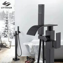 GobekUsa Black Floor Mounted Bathtub Faucet Set with Waterfall Mixer Tap