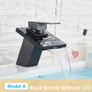 GobekUsa LED Waterfall Bathroom Sink Faucet Black Bronze Single Handle Deck Mount