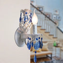 GobekUsa Modern Metal Wall Light with Exposed Bulb, White Lamp with Blue Crystal Draping