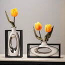 GobekUsa Elegant Square Ceramic Vase with Artificial Flowers for Desk Decoration