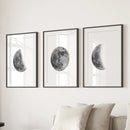 Moon Phases Set of 3 Prints. Black and White Lunar Cycle by Wall Art Set