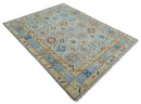 Hand-Knotted Turkish Wool Area Rug Traditional Oushak Design Silver Blue Rust Mustard by The Rug Decor