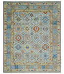 Vibrant Colorful Silver, Blue, Rust and Mustard Traditional Hand Knotted Custom Made Wool Area Rug