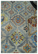 Hand-Knotted Turkish Wool Area Rug Traditional Oushak Design Silver Blue Rust Mustard by The Rug Decor