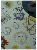 Modern Oushak Ivory And Blue Hand Knotted Wool Rug