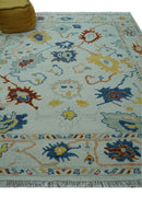 Modern Oushak Ivory And Blue Hand Knotted Wool Rug
