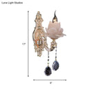 GobekUsa Modern Lotus Wall Light Fixture with Milky Glass, Brass Sconce, and Teardrop Crystal Accent