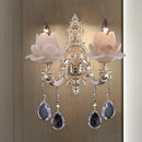 GobekUsa Modern Lotus Wall Light Fixture with Milky Glass, Brass Sconce, and Teardrop Crystal Accent