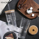 Modern ribbed glass cup with lid and straw kitchen drinking glass by Decorbites