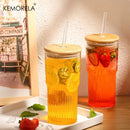 Modern ribbed glass cup with lid and straw kitchen drinking glass by Decorbites