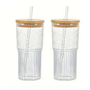 Modern ribbed glass cup with lid and straw kitchen drinking glass by Decorbites