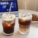 Modern ribbed stripe glass cup with lid and straw kitchen glassware by Decorbites