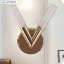 GobekUsa Modern Gold LED Wall Mount Bedroom Sconce Light with V-Shaped White Glass Shade