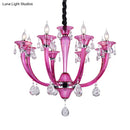 GobekUsa Modern Rose Red Glass Chandelier with Crystal Draping - 8-Light Chrome Pendant for Living Room