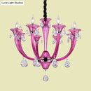 GobekUsa Modern Rose Red Glass Chandelier with Crystal Draping - 8-Light Chrome Pendant for Living Room
