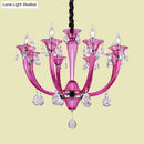 GobekUsa Modern Rose Red Glass Chandelier with Crystal Draping - 8-Light Chrome Pendant for Living Room