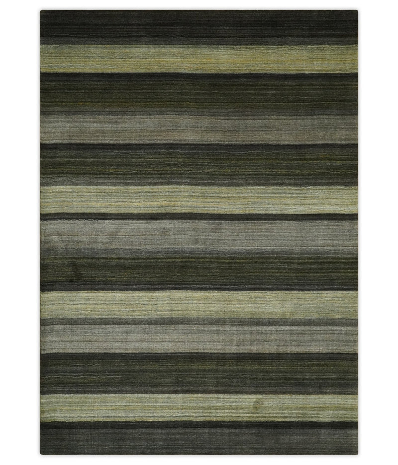 Modern Scandinavian Stripes 5x7 Antique Moss Green and Gray Wool Hand Woven Area Rug | HL20