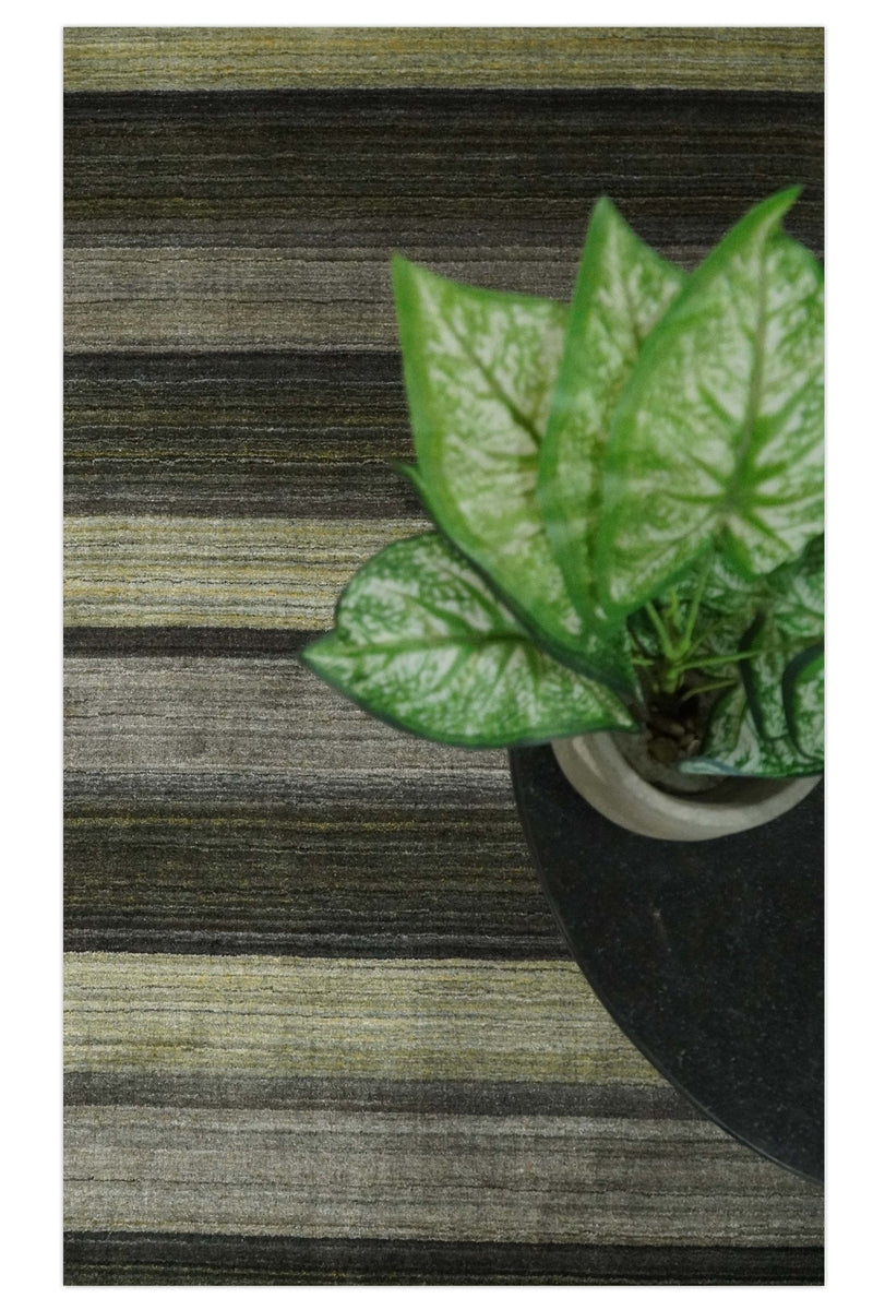 Modern Scandinavian Stripes 5x7 Antique Moss Green and Gray Wool Hand Woven Area Rug | HL20