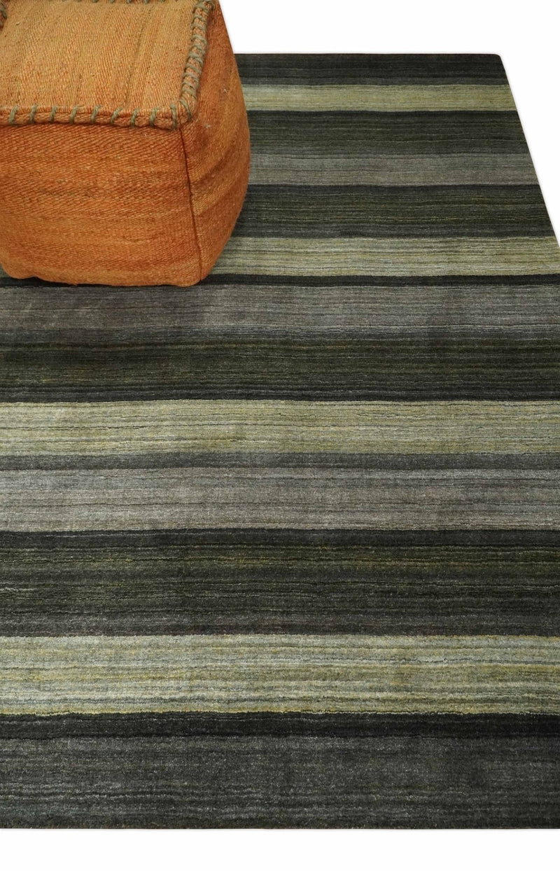 Modern Scandinavian Stripes 5x7 Antique Moss Green and Gray Wool Hand Woven Area Rug | HL20