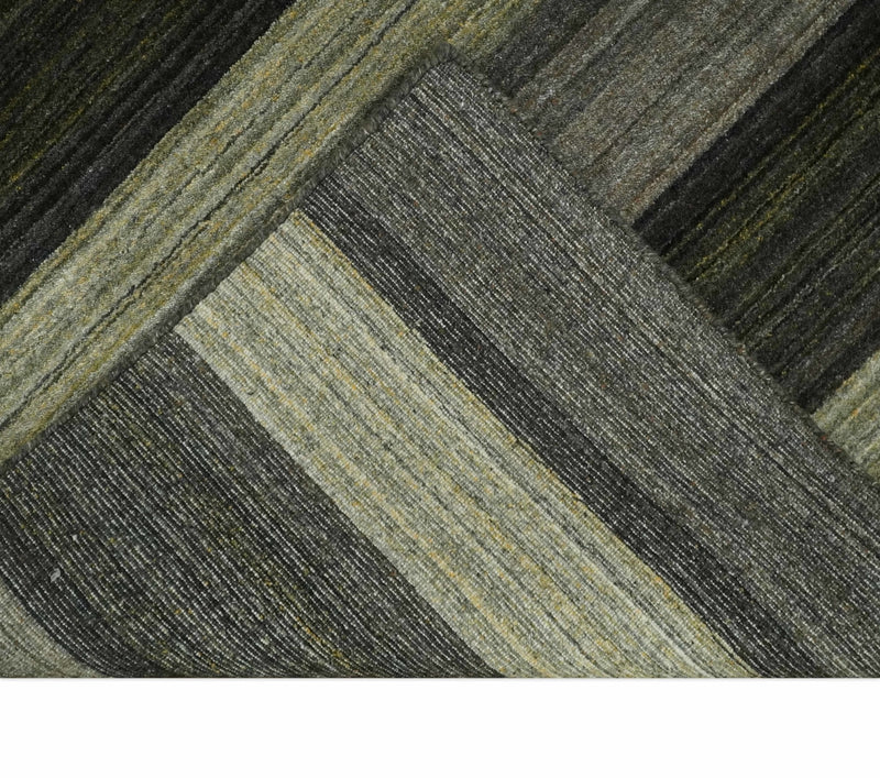 Modern Scandinavian Stripes 5x7 Antique Moss Green and Gray Wool Hand Woven Area Rug | HL20