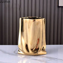 GobekUsa Gold Plated Pleated Texture Ceramic Vase for Desk Decor and Flower Arrangements