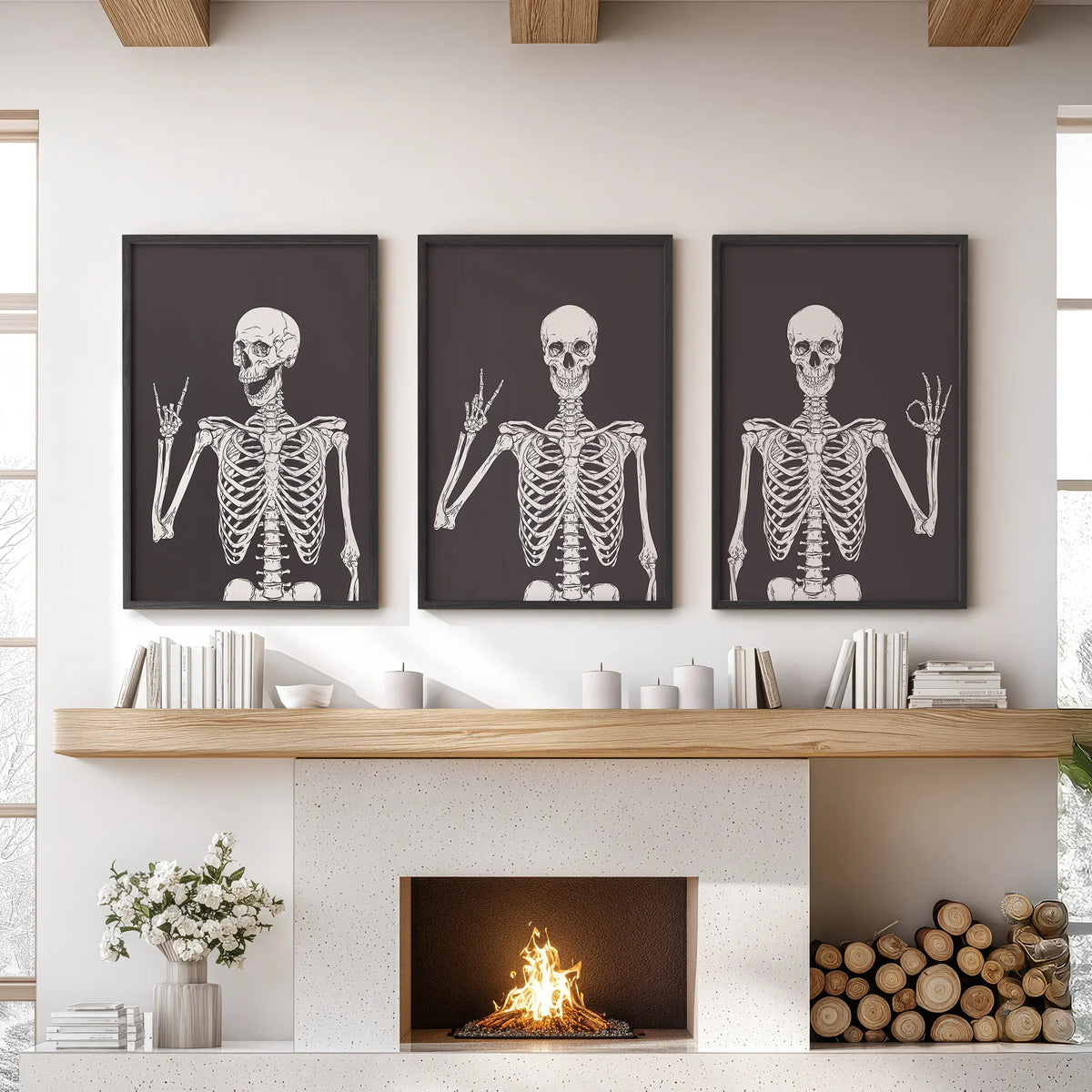 Halloween Skeleton Wall Art Set. 3 Piece Black Gothic Prints, photo 7 of 15