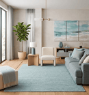 Solid Blue Wool Area Rug Hand Woven Modern Minimalist Premium