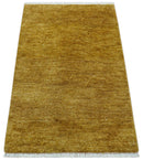 Modern Solid Design Gold Hand Knotted Wool Area Rug