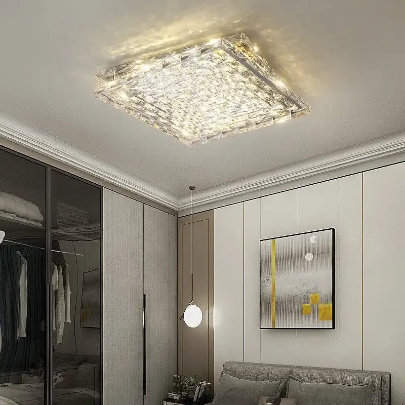 GobekUsa Crystal LED Ceiling Light | Color Changeable Square Silver | Rectangular Chrome Stainless Steel