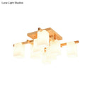 GobekUsa Modern Wood Living Room Semi Flush Mount Chandelier with White Glass Shade - Square Design