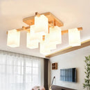 GobekUsa Modern Wood Living Room Semi Flush Mount Chandelier with White Glass Shade - Square Design