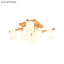 GobekUsa Modern Wood Living Room Semi Flush Mount Chandelier with White Glass Shade - Square Design