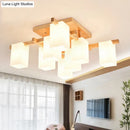 GobekUsa Modern Wood Living Room Semi Flush Mount Chandelier with White Glass Shade - Square Design