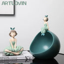 GobekUsa Bowknot Girl Figurine: Modern Nordic Character Sculpture with Storage Box