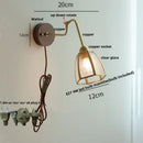 GobekUsa Clear Glass LED Wall Sconce Pull Chain Switch Rotate Arm Walnut Wood Stair Light
