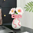 GobekUsa 3D Ribbon Ceramic Vase with Cute Bow - Home Floral Decoration