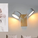 GobekUsa Modernist White Dual Drum Wall Light Fixture with 2 Iron Sconce Heads and Wood Backplate