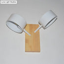 GobekUsa Modernist White Dual Drum Wall Light Fixture with 2 Iron Sconce Heads and Wood Backplate