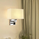 GobekUsa Simple Single White/Flaxen Fabric Rectangle Wall Light with USB Charging Port and 3-Hole Socket