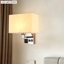 GobekUsa Simple Single White/Flaxen Fabric Rectangle Wall Light with USB Charging Port and 3-Hole Socket