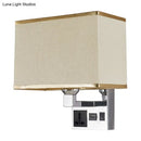 GobekUsa Simple Single White/Flaxen Fabric Rectangle Wall Light with USB Charging Port and 3-Hole Socket