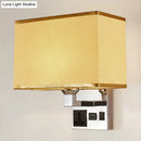 GobekUsa Simple Single White/Flaxen Fabric Rectangle Wall Light with USB Charging Port and 3-Hole Socket
