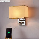 GobekUsa Simple Single White/Flaxen Fabric Rectangle Wall Light with USB Charging Port and 3-Hole Socket