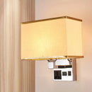 GobekUsa Simple Single White/Flaxen Fabric Rectangle Wall Light with USB Charging Port and 3-Hole Socket