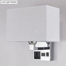 GobekUsa Simple Single White/Flaxen Fabric Rectangle Wall Light with USB Charging Port and 3-Hole Socket