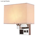 GobekUsa Simple Single White/Flaxen Fabric Rectangle Wall Light with USB Charging Port and 3-Hole Socket