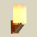GobekUsa Modern White Frosted Glass Cuboid Sconce - Wood Wall Lamp with Metal Base