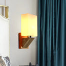 GobekUsa Modern White Frosted Glass Cuboid Sconce - Wood Wall Lamp with Metal Base