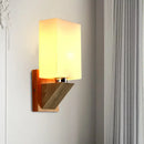 GobekUsa Modern White Frosted Glass Cuboid Sconce - Wood Wall Lamp with Metal Base