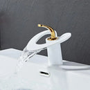 GobekUsa Golden/White Basin Faucet: Black Brass Waterfall Sink Mixer Tap, Hot & Cold.